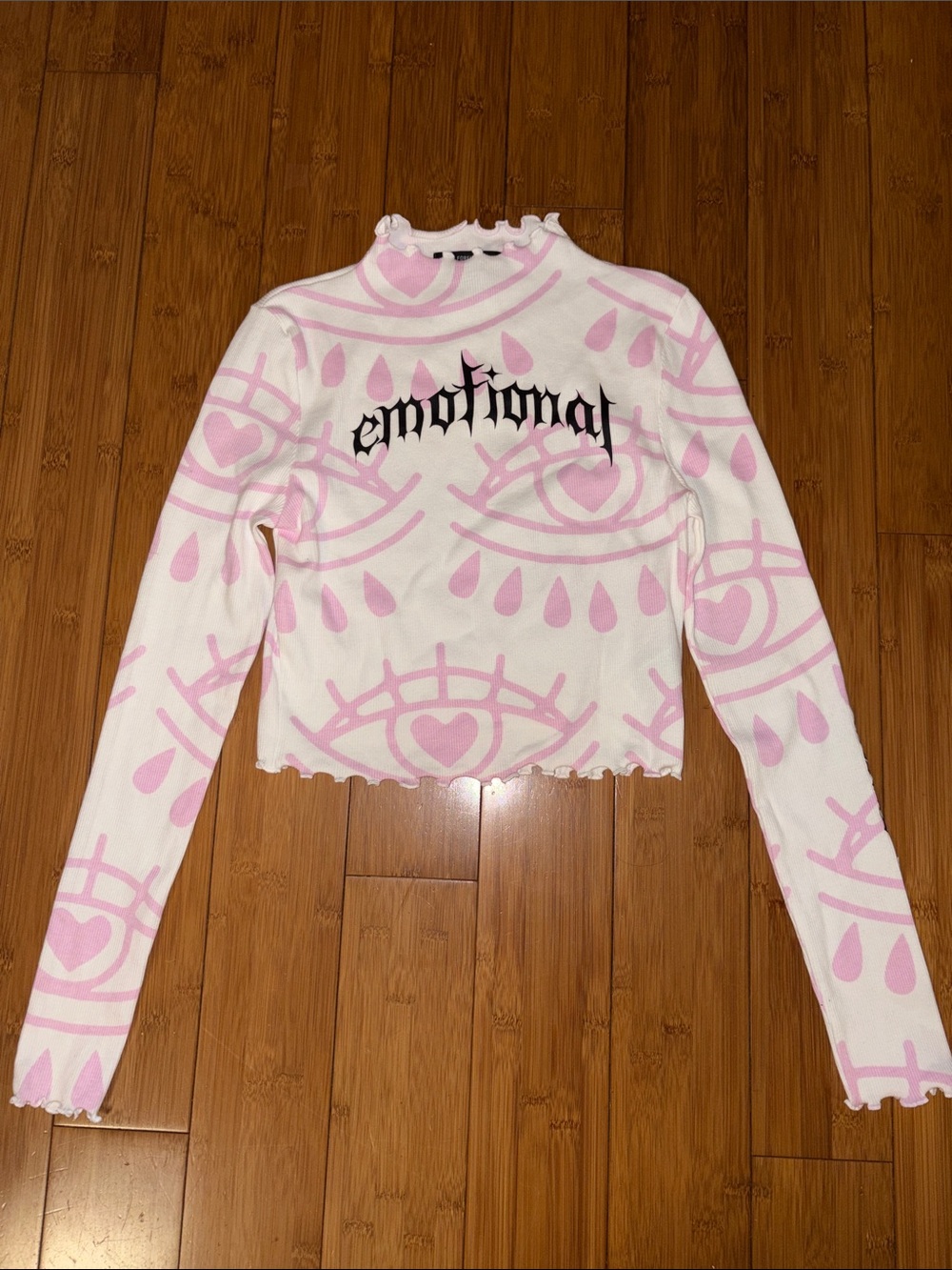 Forever 21 White Long-Sleeve Crop Top with Pink Eye Print